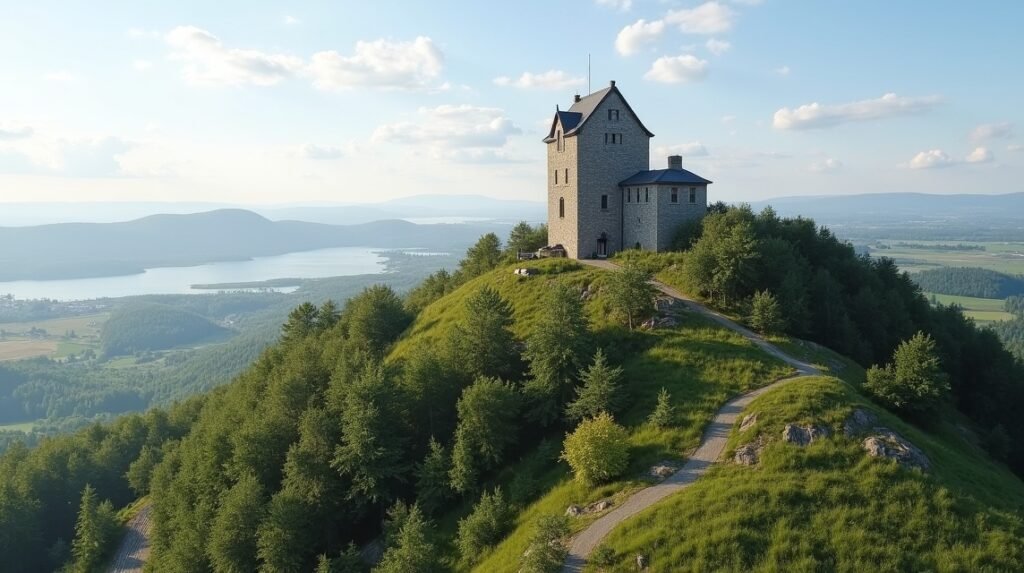 Slottsfjellet torony Tønsberg városában, Norvégiában, gyönyörű panorámával.