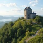 Slottsfjellet torony Tønsberg városában, Norvégiában, gyönyörű panorámával.