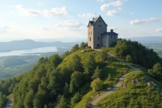 Slottsfjellet torony Tønsberg városában, Norvégiában, gyönyörű panorámával.