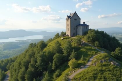 Slottsfjellet torony Tønsberg városában, Norvégiában, gyönyörű panorámával.