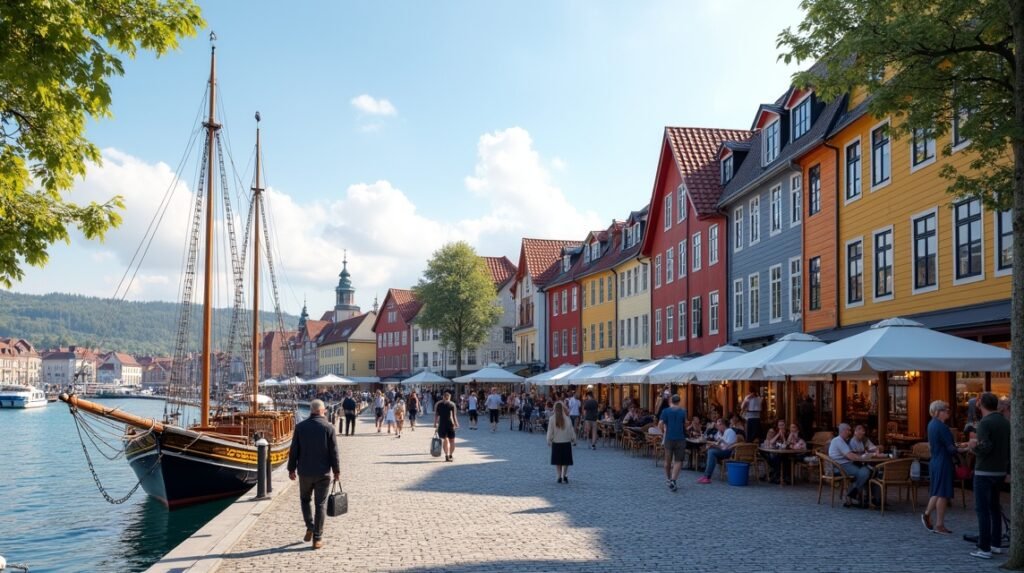Tønsberg Brygge kikötői sétány kávézókkal és vitorlásokkal.
