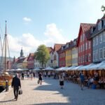 Tønsberg Brygge kikötői sétány kávézókkal és vitorlásokkal.