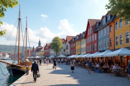 Tønsberg Brygge kikötői sétány kávézókkal és vitorlásokkal.