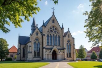 A Tønsbergi Dóm impozáns neogótikus épülete és környezete.