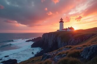 A világítótorony naplementében Tønsberg közelében, gyönyörű tengerparti táj.