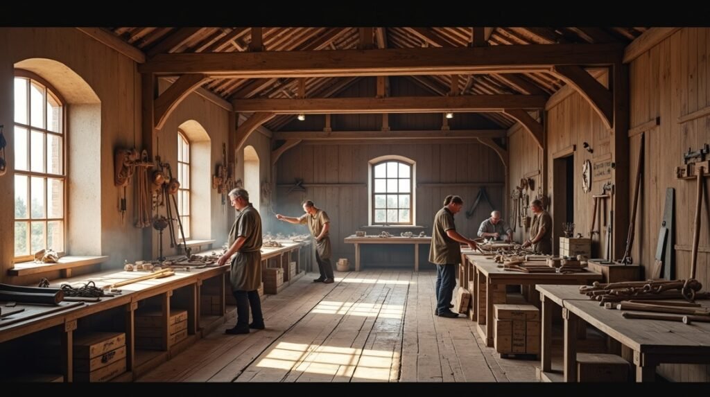 Hajóépítők a Tønsbergi Saga Oseberg műhelyben, Norvégiában.