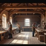 Hajóépítők a Tønsbergi Saga Oseberg műhelyben, Norvégiában.