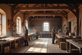 Hajóépítők a Tønsbergi Saga Oseberg műhelyben, Norvégiában.