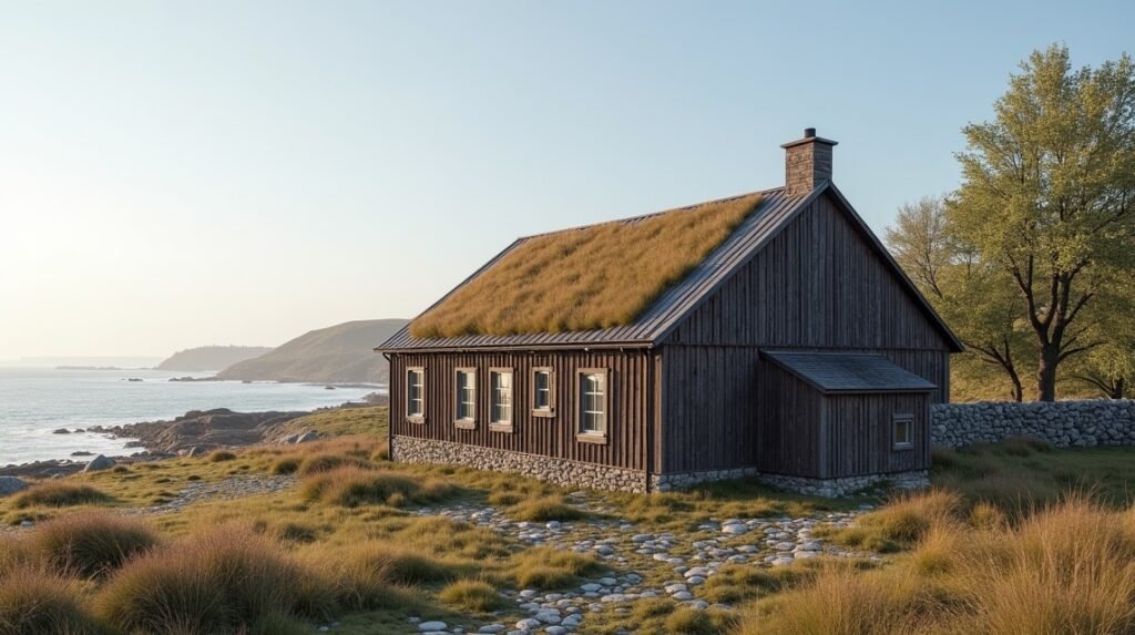 Vallø régi sófőzője a tengerparton, Norvégiában