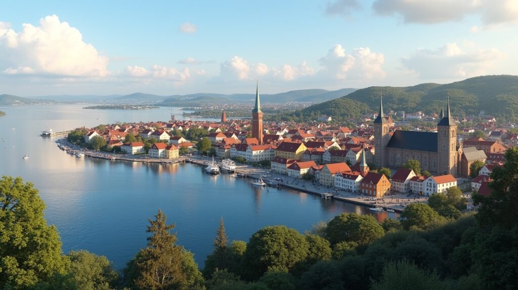 Tønsberg város látképe Norvégiában, viking emlékekkel és tengerparttal.