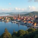 Tønsberg város látképe Norvégiában, viking emlékekkel és tengerparttal.