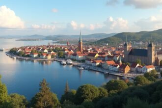 Tønsberg város látképe Norvégiában, viking emlékekkel és tengerparttal.