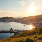 Tønsberg tengerparti naplementében, vitorlás hajóval és látogatókkal.