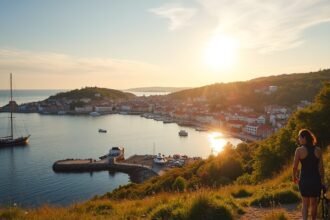 Tønsberg tengerparti naplementében, vitorlás hajóval és látogatókkal.