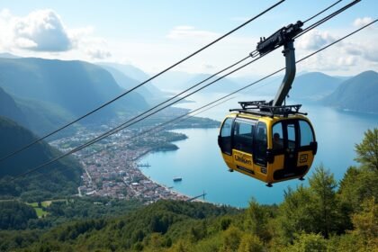 Ulriken felvonó Bergen felett a hegyek és tenger panorámájával
