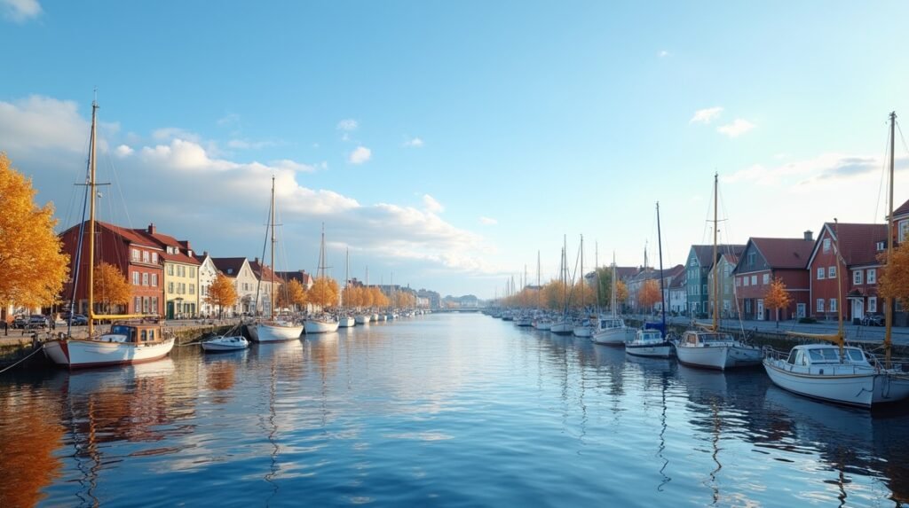 Tønsberg kikötője őszi tájjal, hajókkal és színes épületekkel.