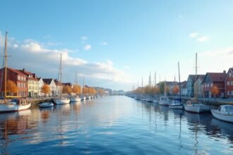 Tønsberg kikötője őszi tájjal, hajókkal és színes épületekkel.