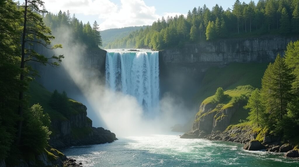 Mossefossen vízesés Norvégiában, körülvéve zöld erdőkkel és festői kilátással.