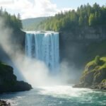 Mossefossen vízesés Norvégiában, körülvéve zöld erdőkkel és festői kilátással.