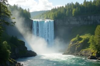 Mossefossen vízesés Norvégiában, körülvéve zöld erdőkkel és festői kilátással.