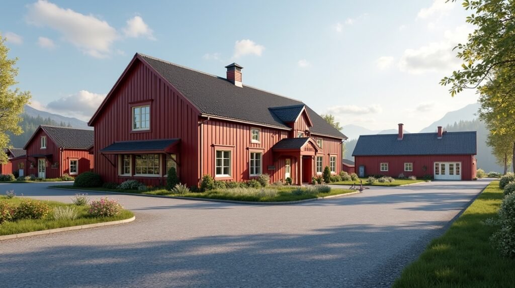 Moss városi és ipari múzeum szép épületei a környező tájban.