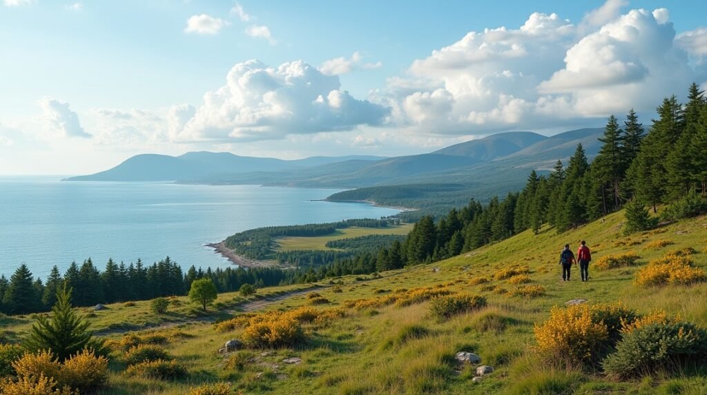 Két túrázó a Jeløya-félsziget festői táján Norvégiában.