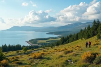 Két túrázó a Jeløya-félsziget festői táján Norvégiában.