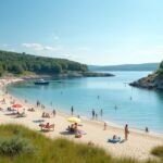 Sjøbadet strand sétányával és homokos partjával Moss városában.