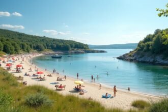 Sjøbadet strand sétányával és homokos partjával Moss városában.