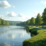 Sétálók a Vansjø-tó partján zöld fák között