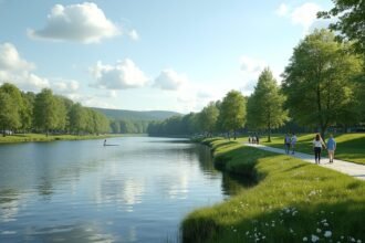 Sétálók a Vansjø-tó partján zöld fák között