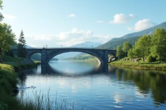 Moss Kanalen csatornája és hídja természetes környezetben