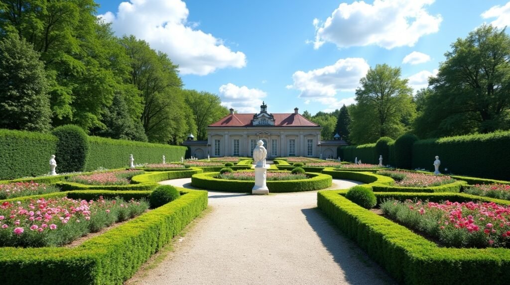 Torderød Gård barokk kertje virágágyásokkal és szökőkúttal