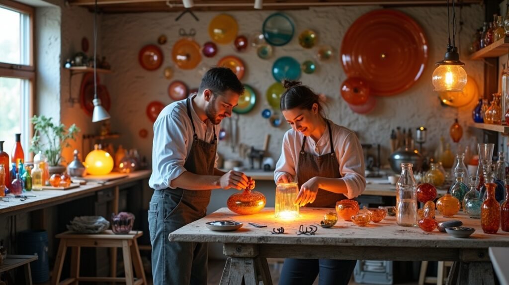 ViDa Glas üveg műhely felnőttek kreatív munkája üvegfúvás közben
