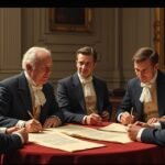 Politikai egyezmény aláírása történelmi környezetben.