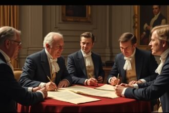 Politikai egyezmény aláírása történelmi környezetben.