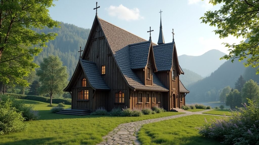 Fantoft dongatemplom Norvégiában, gyönyörű környezetben.