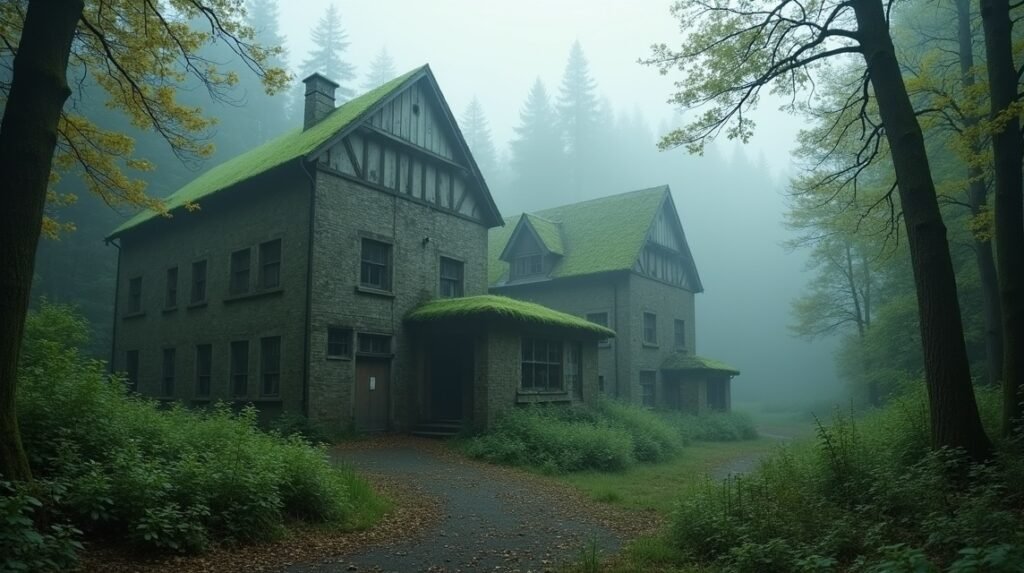 A régi papírgyár romjai ködben, zöld mohával borított tetőkkel.
