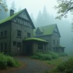 A régi papírgyár romjai ködben, zöld mohával borított tetőkkel.