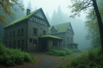 A régi papírgyár romjai ködben, zöld mohával borított tetőkkel.