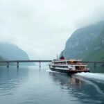 Komp átkelés a fjord felett Norvégiában, gyönyörű tájjal