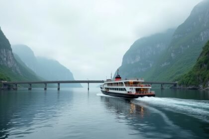 Komp átkelés a fjord felett Norvégiában, gyönyörű tájjal