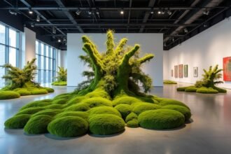 Zöld moha installáció a Momenta Biennálén, kortárs művészet.