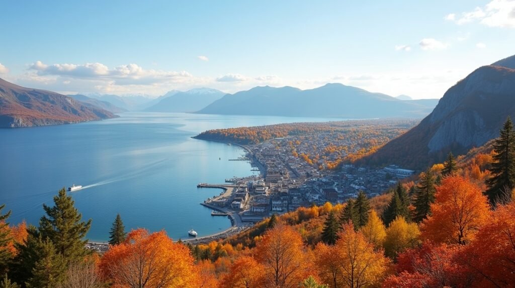 Moss panoráma ősszel, színes fák és fjord háttérben.