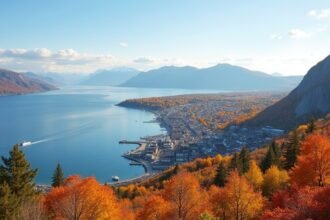 Moss panoráma ősszel, színes fák és fjord háttérben.