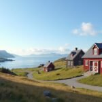 Kjerringøy régi kereskedőtelep, tengerparti panoráma Norvégia közelében.