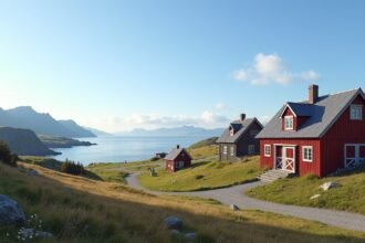 Kjerringøy régi kereskedőtelep, tengerparti panoráma Norvégia közelében.