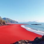 Mjelle strand vörös homokja Bodø városában Norvégiában.