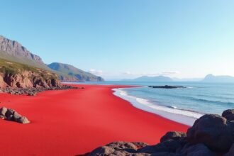 Mjelle strand vörös homokja Bodø városában Norvégiában.