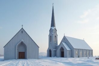 A Bodøi Katedrális és harangtoronya hóban, Norvégiában.